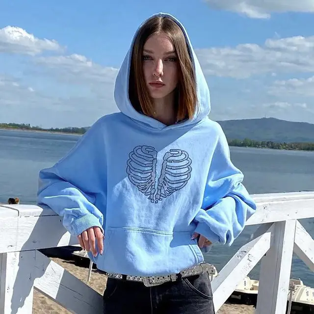 Trendy Skeleton Rhinestone Loose Hooded Sweater Blue Y23Tp428 - Shop at LoveMi
