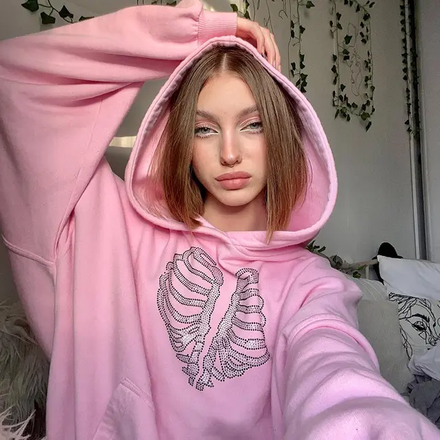 Trendy Skeleton Rhinestone Loose Hooded Sweater Pink Y23Tp428 - Shop at LoveMi