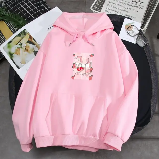 Kawaii Strawberry Milk Soft Hoodie Pink - Shop at LoveMi