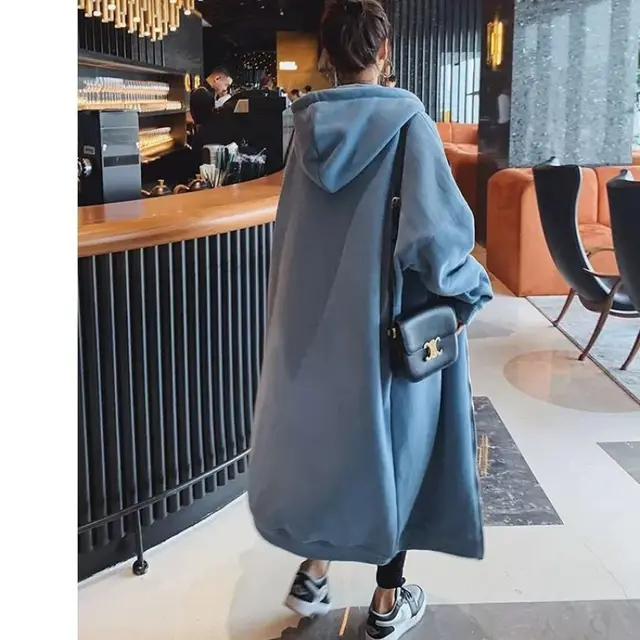Loose fitting Plus Size Pullover Hooded Fleece lined Thickened Long Section Zipper Style Cardigan Dress Light Blue - Shop at LoveMi