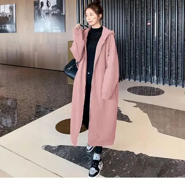 Loose fitting Plus Size Pullover Hooded Fleece lined Thickened Long Section Zipper Style Cardigan Dress Lotus Root Color - Shop at LoveMi