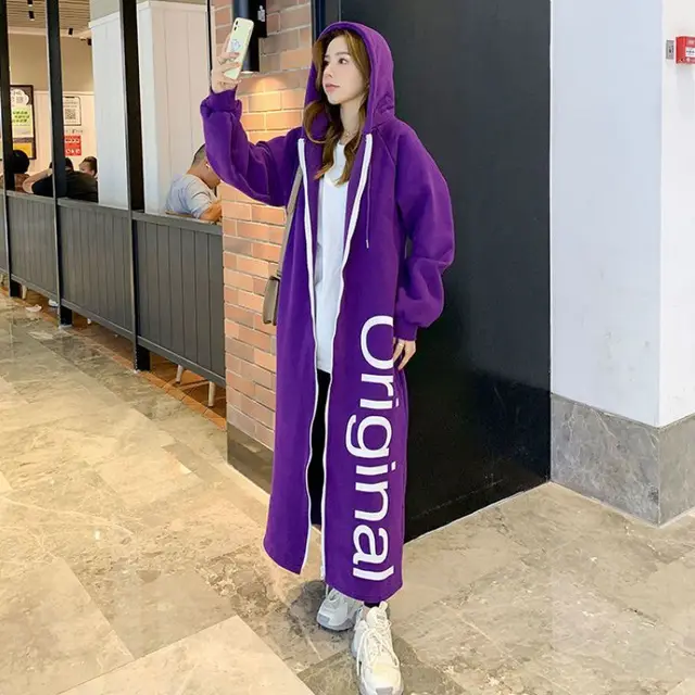 Loose fitting Plus Size Pullover Hooded Fleece lined Thickened Long Section Zipper Style Cardigan Dress Purple - Shop at LoveMi
