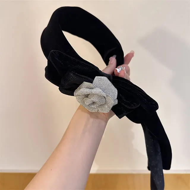 Hair Accessories Velvet Streamer Headband Wide Butterfly Camellia Lady Western Style Black Silver Camellia - Shop at LoveMi