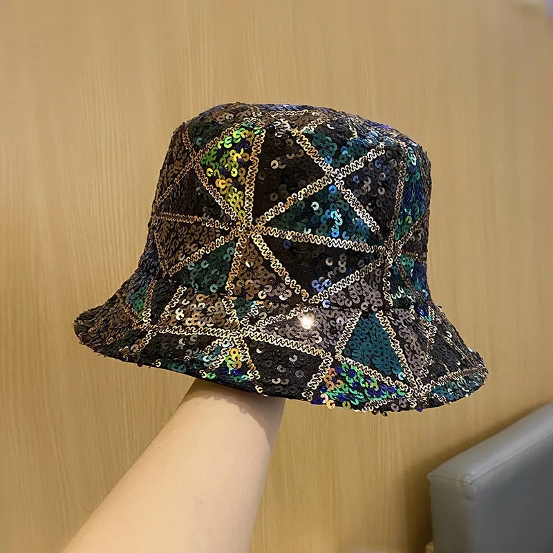 Women's Fashion Mixed Color Sequins Bucket Hat Foldable Black - Shop at LoveMi