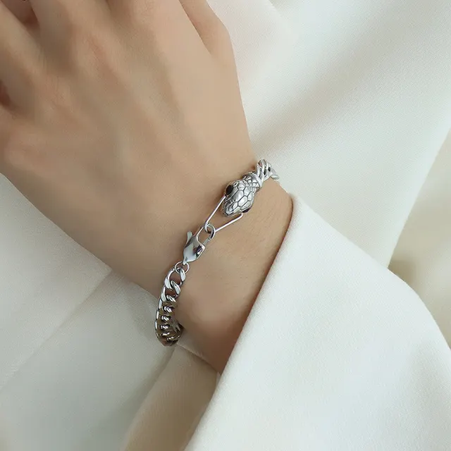 Couple Titanium Steel 18K Gold Plating Snake Head Zircon Bracelet Steel Black Zircon Eyes - Shop at LoveMi