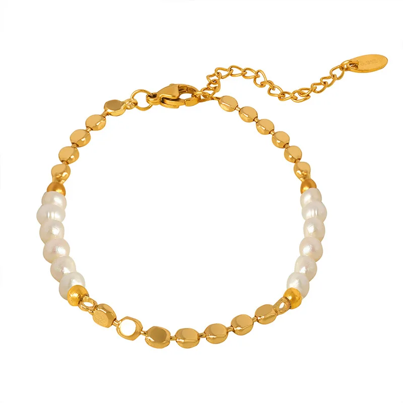 French Chain Chic Style Glossy Copper Freshwater Pearl Bracelet - E396 Gold Bracelet