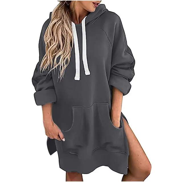 Loose fitting Women's Sweater Long Sleeve Solid Color Drawstring Top Gray - Shop at LoveMi
