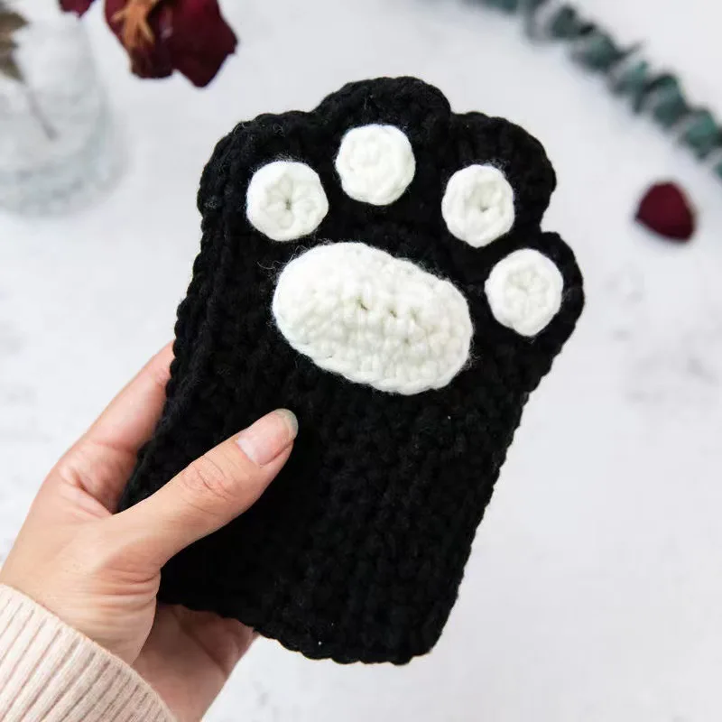 Cat's Paw Gloves Handmade Wool Woven Half Finger Finished Cute Warm Winter Gift For Girlfriend - Finished Black And White