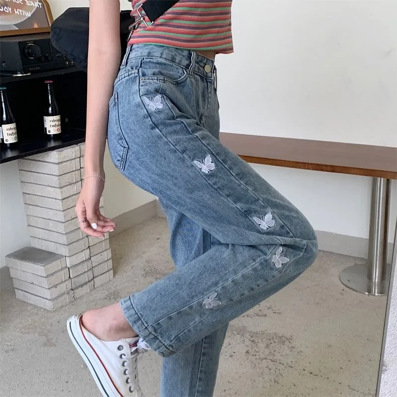 Women's Loose All match Butterfly Embroidered Straight Jeans Blue Embroidery - Shop at LoveMi