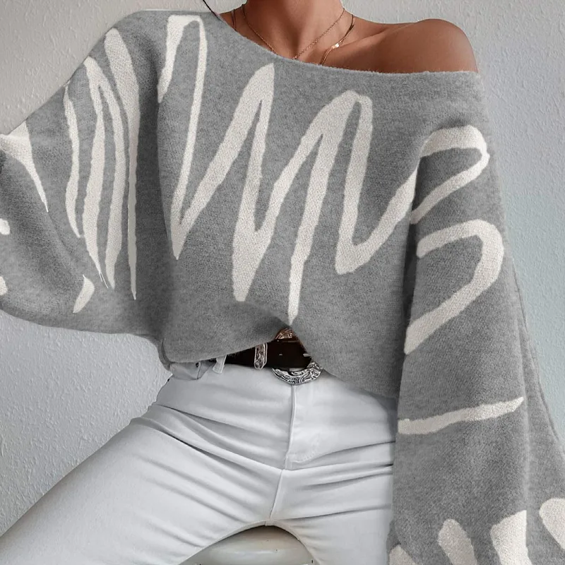 New Lantern sleeved Pullover Sweater Fashion Line Printed Loose Tops Women's Clothing Gray - Shop at LoveMi