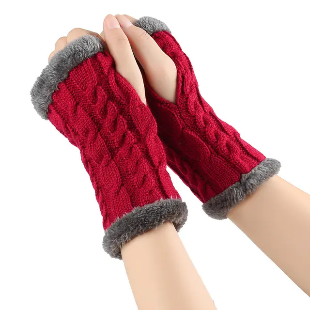 Fleece lined Fluffy Gloves Twist Knitted Finger Leakage Wine Red 7 - Shop at LoveMi