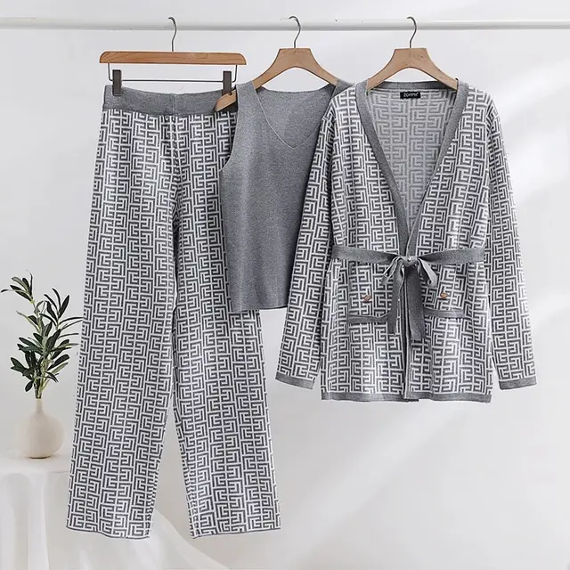 Exotic Printed Casual Women's Inverness V neck Base Knitwear Wide Leg Pants Gray - Shop at LoveMi