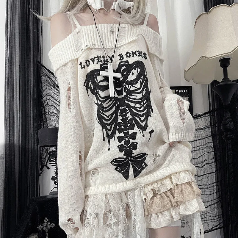 Butterfly Bone Asian Culture Off shoulder Ripped Sweet Cool Off shoulder Sweater Butterfly Bone - Shop at LoveMi