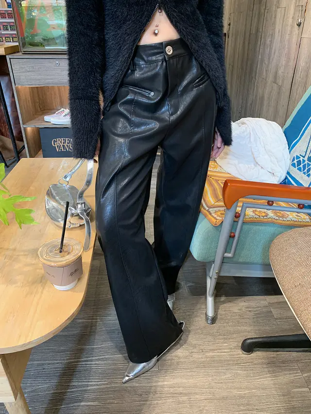 Women's Autumn And Winter PU Texture Casual Pants Black - Shop at LoveMi
