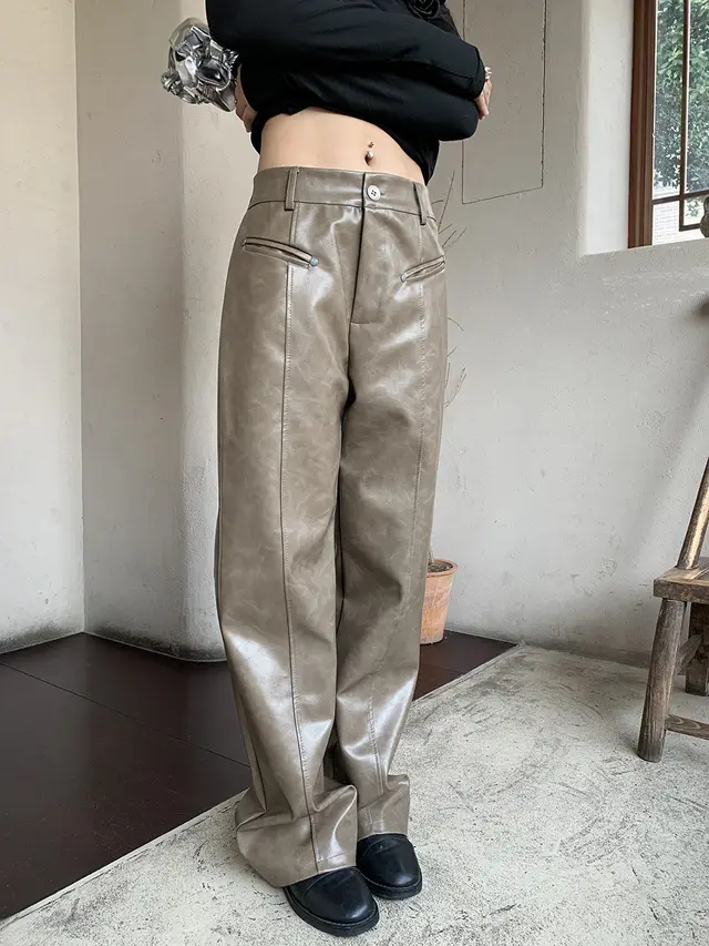 Women's Autumn And Winter PU Texture Casual Pants Brown - Shop at LoveMi