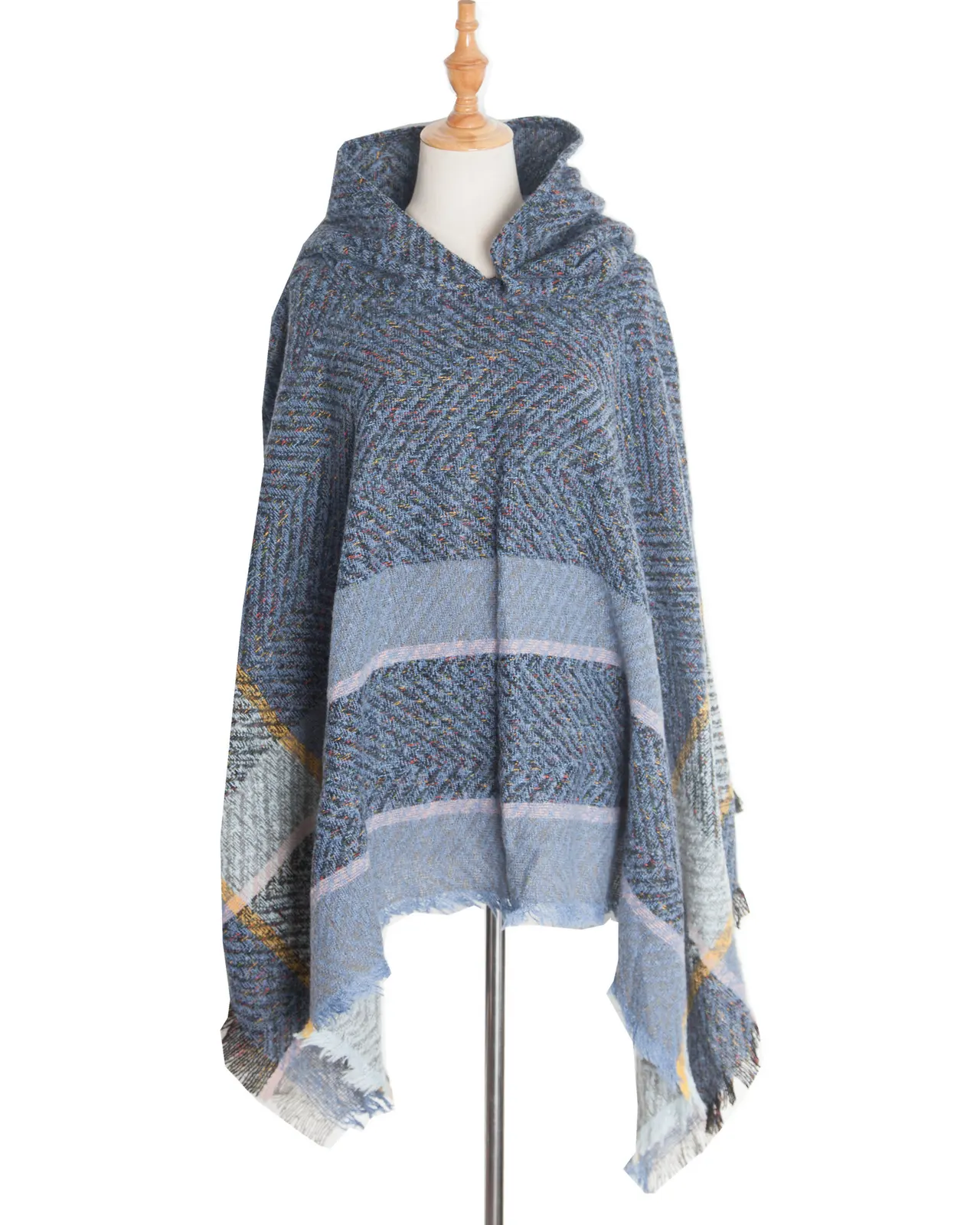 Fishbone Pattern Ladies Hooded Shawl Pullover Cloak - Blue