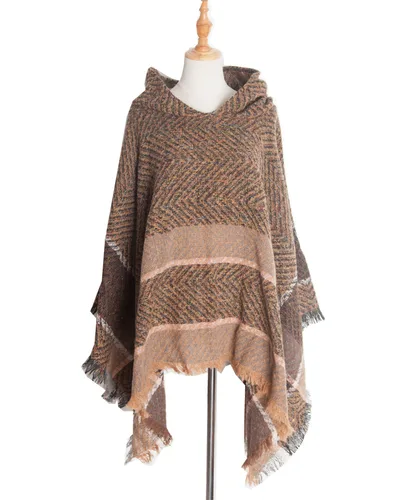 Fishbone Pattern Ladies Hooded Shawl Pullover Cloak Coffee - Shop at LoveMi