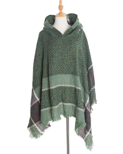 Fishbone Pattern Ladies Hooded Shawl Pullover Cloak Green - Shop at LoveMi