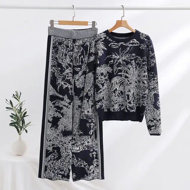 Knitting Patterns Two piece Set Pullover Long Sleeve Sweater High Waist Wide Leg Top Suit Black - Shop at LoveMi