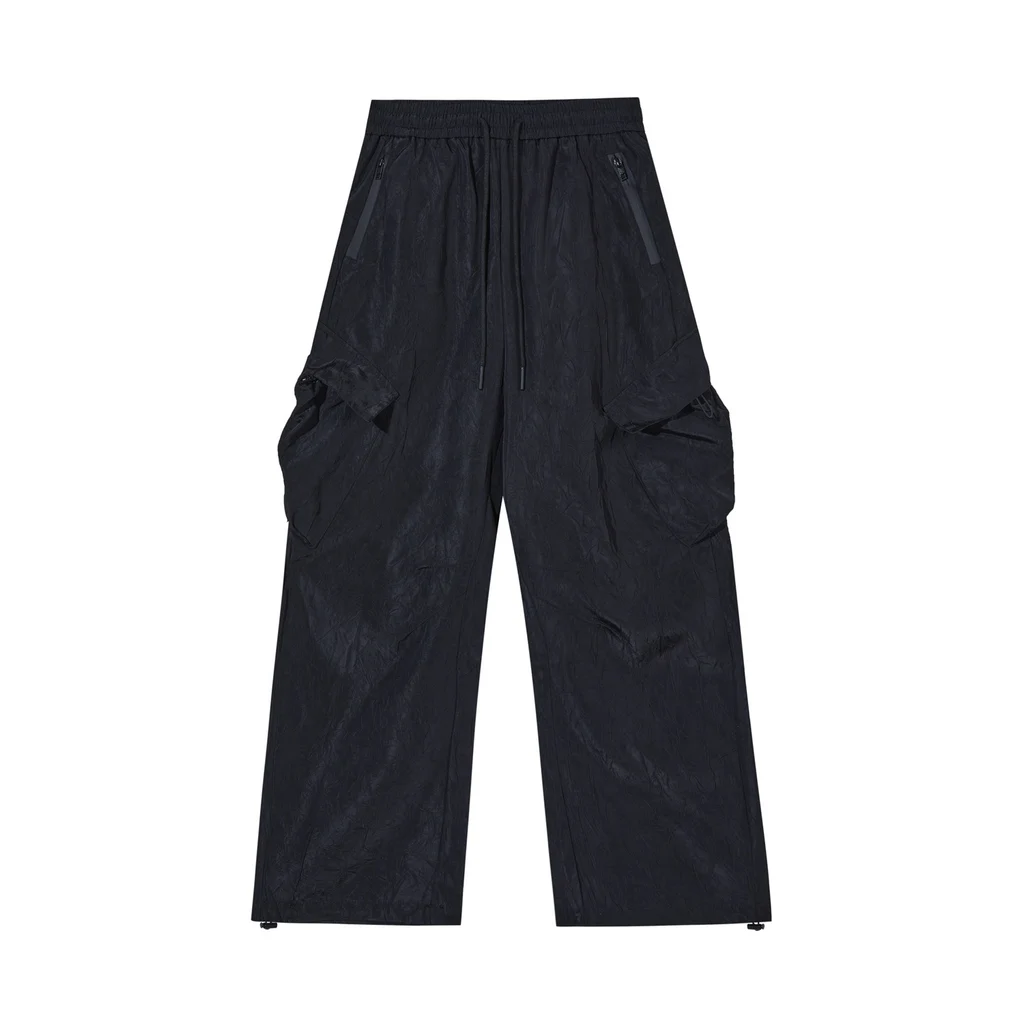 Retro High Street Pleated Textured Trousers Men Autumn Outdoor Loose Casual Pants Women - Black