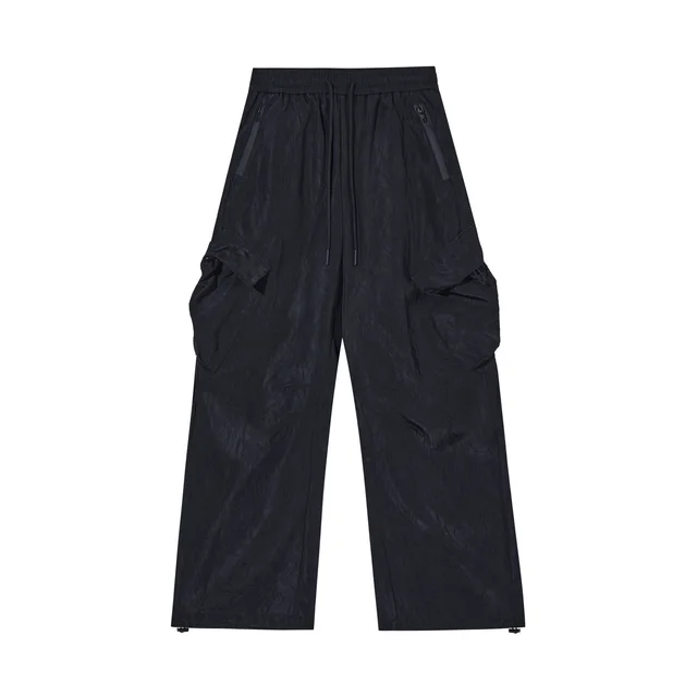 Retro High Street Pleated Textured Trousers Men Autumn Outdoor Loose Casual Pants Women Black - Shop at LoveMi