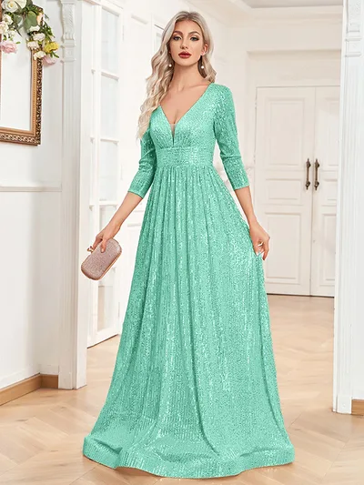 Sequined Fall V neck High Waist Party Formal Dress Emerald Xl - Shop at LoveMi