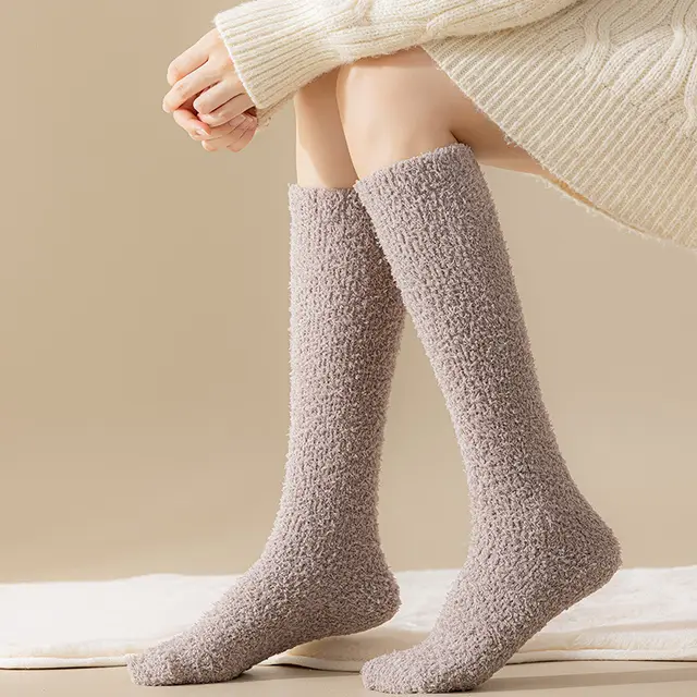 Coral Fleece Long Winter Fleece lined Thickened Room Socks Calf Brown - Shop at LoveMi