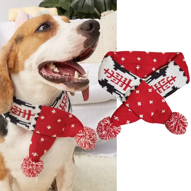 Christmas Pet Scarf Contrast Color Striped Red Snowflake Fur Ball Warm And Comfortable Red Christmas Tree - Shop at LoveMi