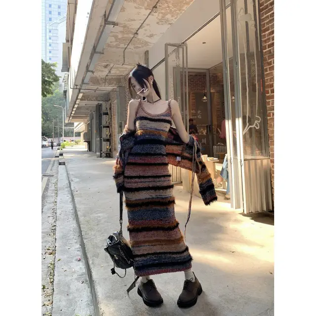 Wear Gradient Cardigan Sweater Coat Women's Long Knit Halter Dress Fashion Suit Knit Halter Dress - Shop at LoveMi