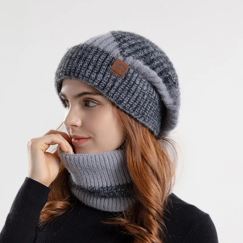 Knitted Hat Suit With Scarf Winter Two color Hat And Thick Warm Earflaps Wool Scarf Two Tone Gray - Shop at LoveMi