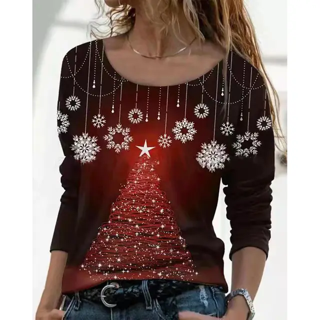 Women's Fashion Christmas Floral Theme Loose Printed Crew Neck Top Red - Shop at LoveMi