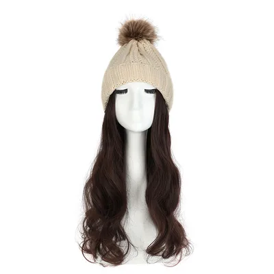 Women's Hat Wig Detachable Woolen Cap Beige Hat Dark Brown - Shop at LoveMi