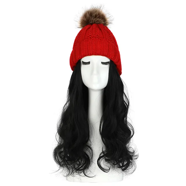 Women's Hat Wig Detachable Woolen Cap Red Hat Natural Black - Shop at LoveMi