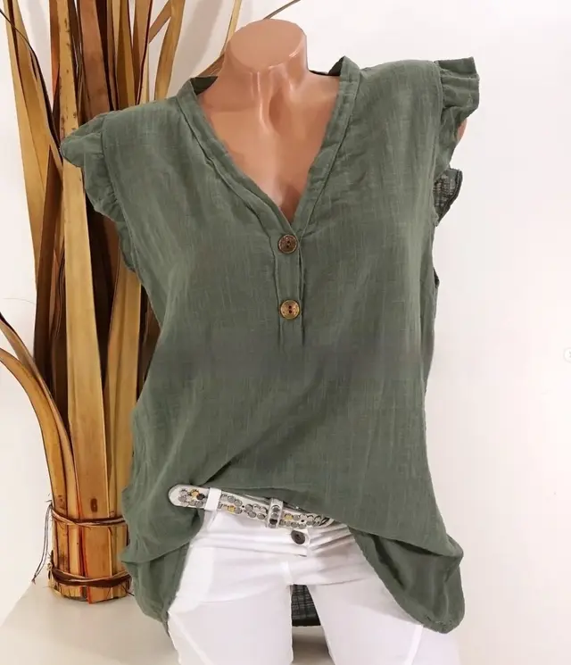 V neck Plus Size Cotton And Linen Women's Loose T shirt Army Green - Shop at LoveMi