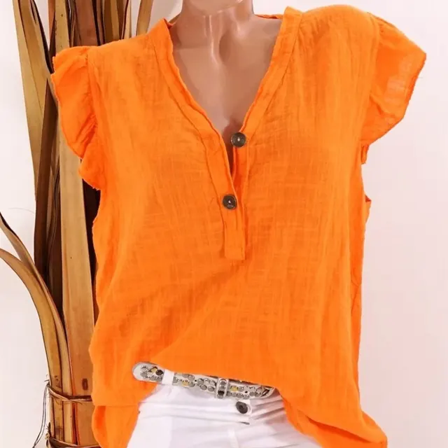 V neck Plus Size Cotton And Linen Women's Loose T shirt Orange - Shop at LoveMi