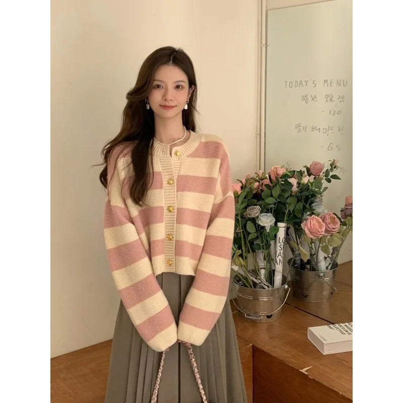 Women's Fashionable Loose Contrast Color Striped Round Neck Cardigan Jacket Pink - Shop at LoveMi
