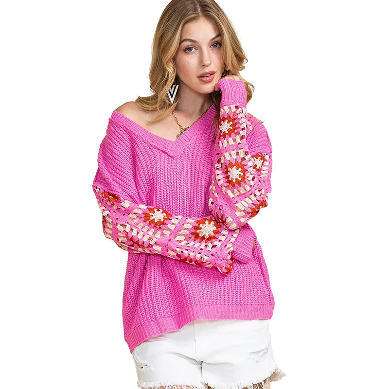 Pullover Long Sleeve Top Women's Casual All match Crocheted Knitted Sweater Lc2723222 Rose Red - Shop at LoveMi