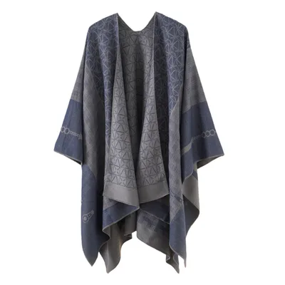 Thickened Cashmere like Dual use Geometric Tassel Scarf Cloak Blue - Shop at LoveMi