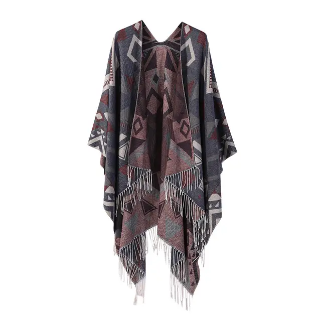 Thickened Cashmere like Dual use Geometric Tassel Scarf Cloak Dark Gray - Shop at LoveMi