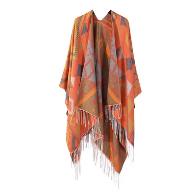 Thickened Cashmere like Dual use Geometric Tassel Scarf Cloak Orange - Shop at LoveMi