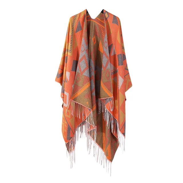 Thickened Cashmere-like Dual-use Geometric Tassel Scarf Cloak - Orange - View 1
