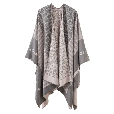 Thickened Cashmere like Dual use Geometric Tassel Scarf Cloak Plaid Chain Gray - Shop at LoveMi