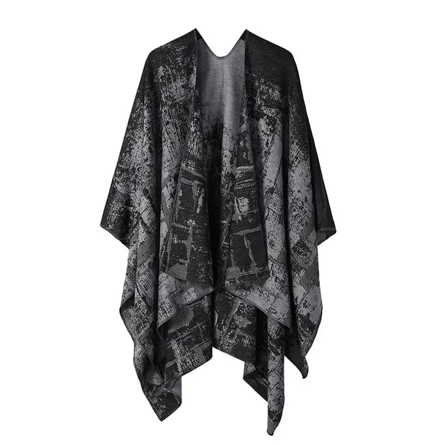Thickened Cashmere like Dual use Geometric Tassel Scarf Cloak Retro Classic Black Gray - Shop at LoveMi