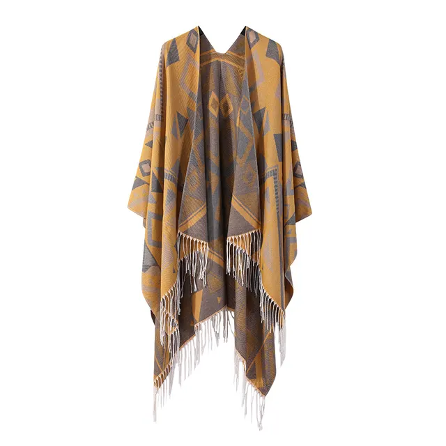 Thickened Cashmere like Dual use Geometric Tassel Scarf Cloak Yellow - Shop at LoveMi