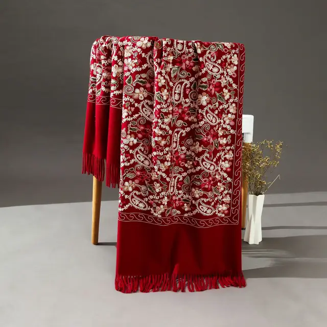 Nepal Cashmere Embroidery Cashew Ethnic Style Scarf Female Yunnan Lijiang Tibet Shawl Wine Red - Shop at LoveMi