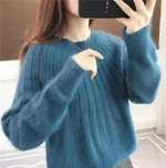 Women's Sweater Solid Color Short Pullover Round Neck - Blue