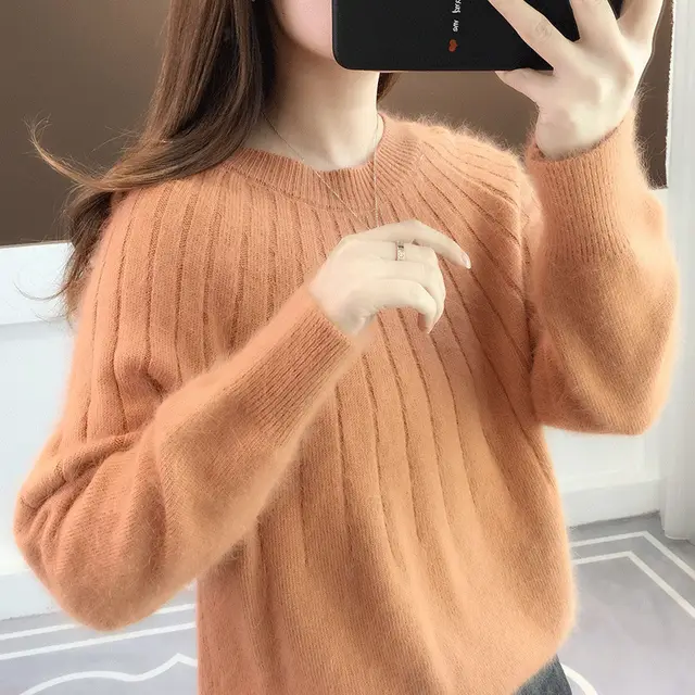 Women's Sweater Solid Color Short Pullover Round Neck Orange - Shop at LoveMi