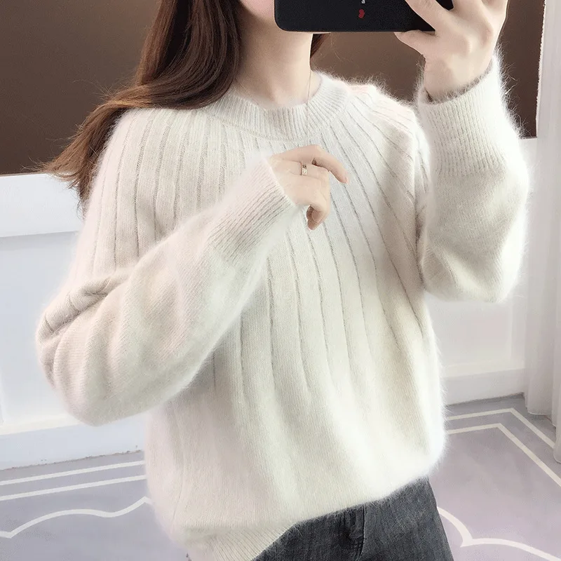 Women's Sweater Solid Color Short Pullover Round Neck White - Shop at LoveMi