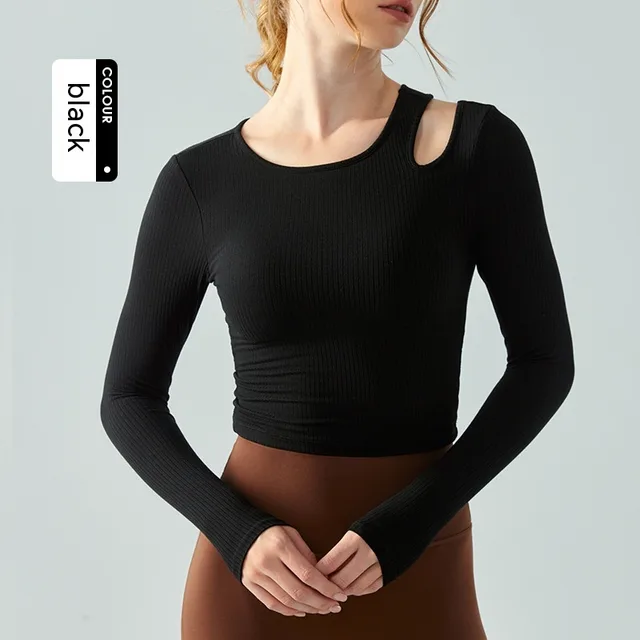 Slim fit Yoga Wear Long Sleeve Women's Chest Pad Running Aerobics Workout Clothes Top Black - Shop at LoveMi