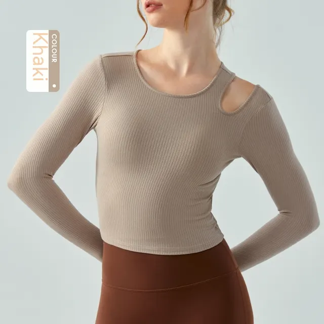 Slim fit Yoga Wear Long Sleeve Women's Chest Pad Running Aerobics Workout Clothes Top Khaki - Shop at LoveMi